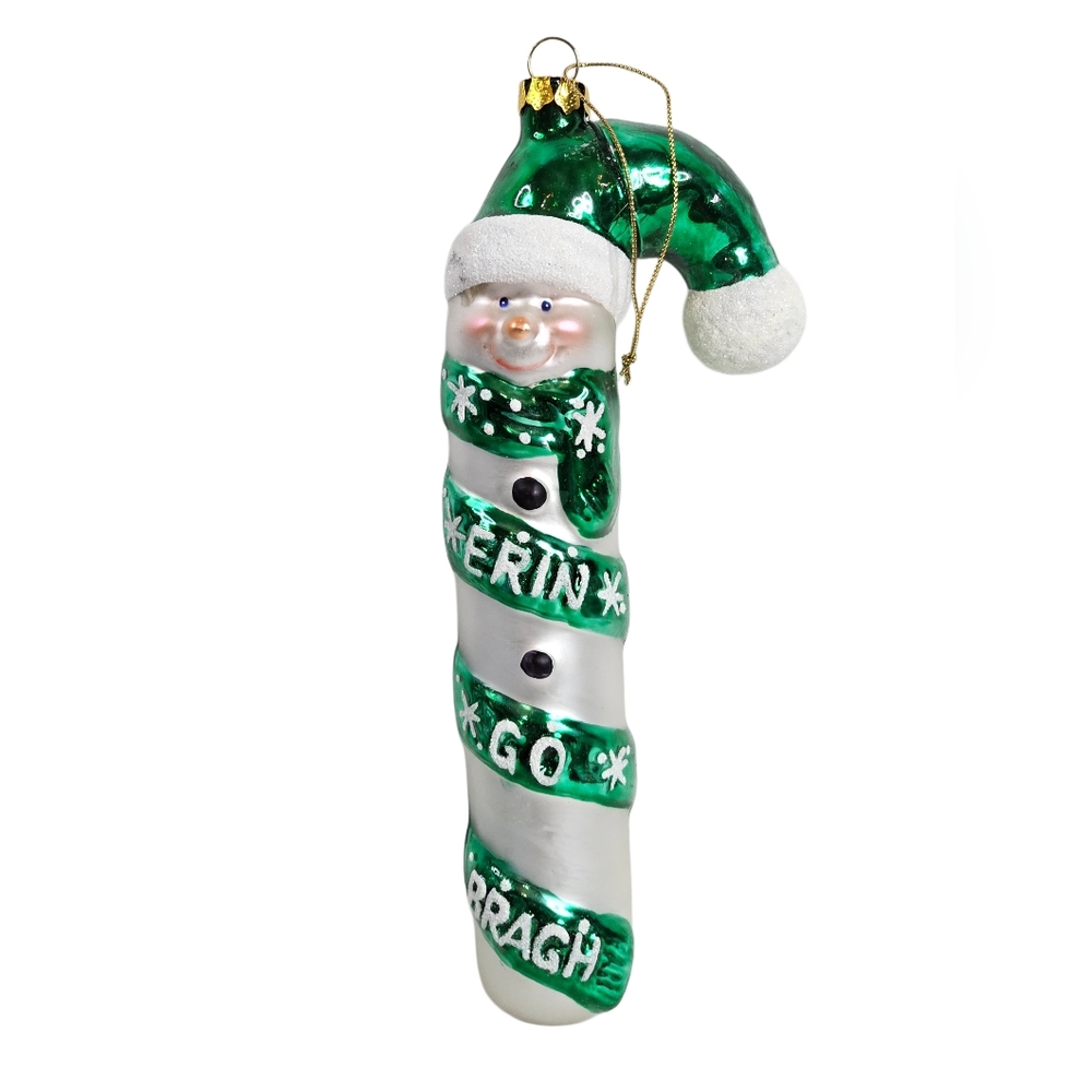 Erin Go Bragh Blown Glass Snowman Christmas Ornament 8" Irish Holiday Candy Cane